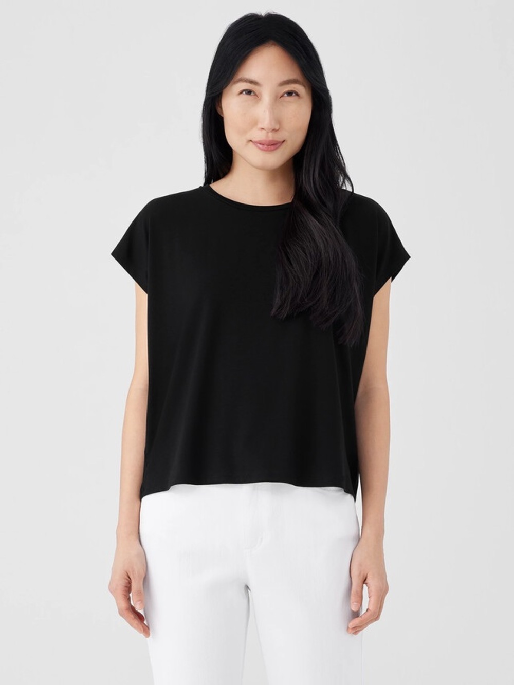 EILEEN FISHER • Fine Jersey Square Top - black short sleeve Large